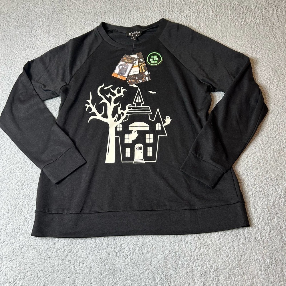 Halloween Top Womens M Black Glow In The Dark Hunted House Feeling Festive NEW